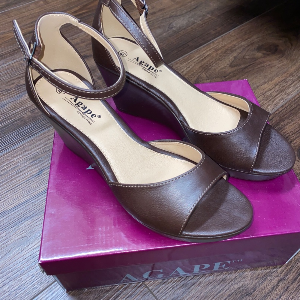 Chocolate Brown Ankle Strap Wedge Sandal size 8.5